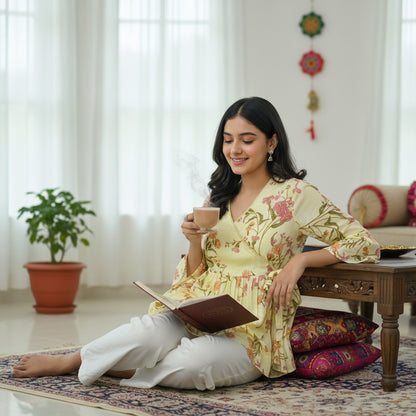 Cotton Angrakha-Wrap Kurti V-neck Tie-up