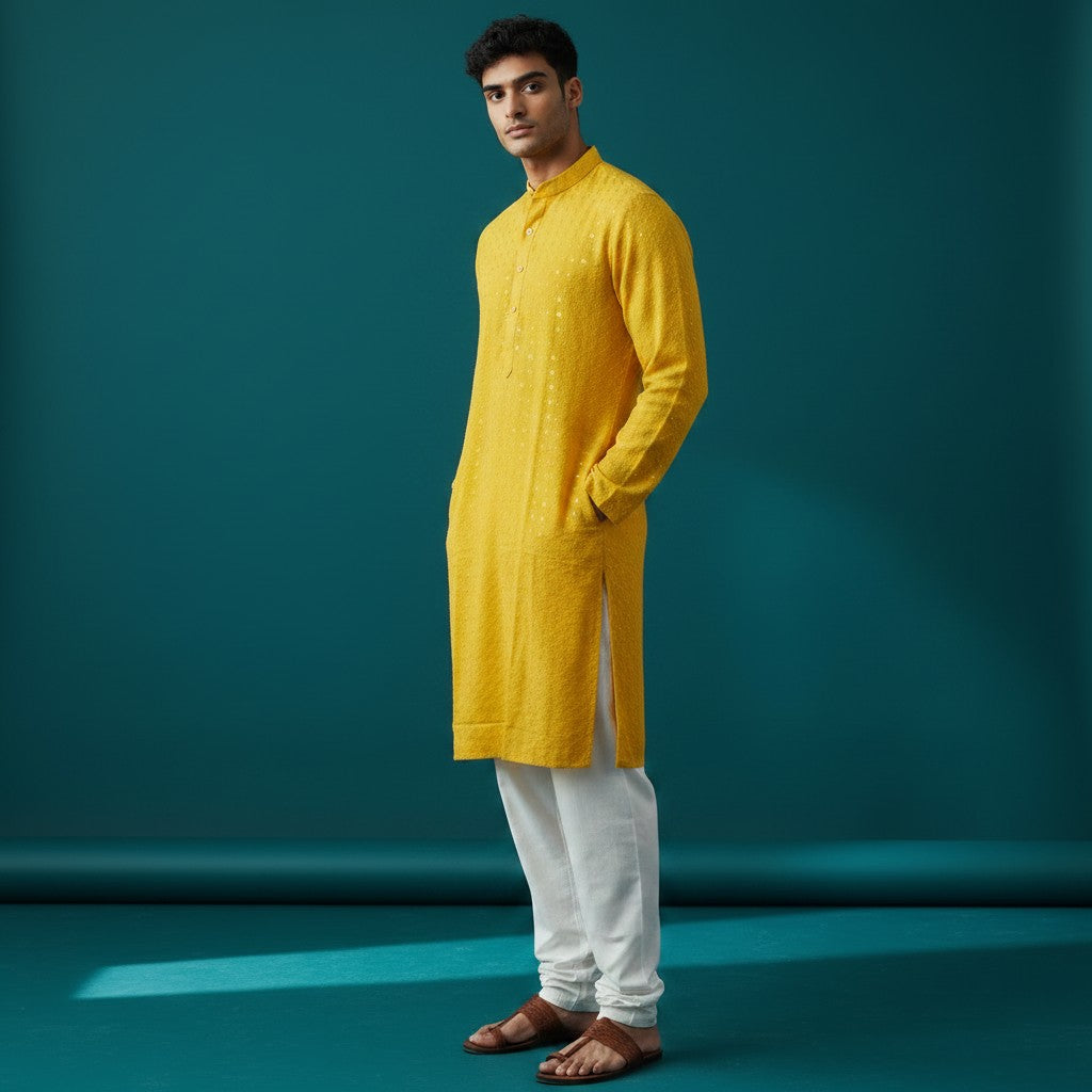 Men's Yellow Chikankari Embroidered Sequinned Kurta Set