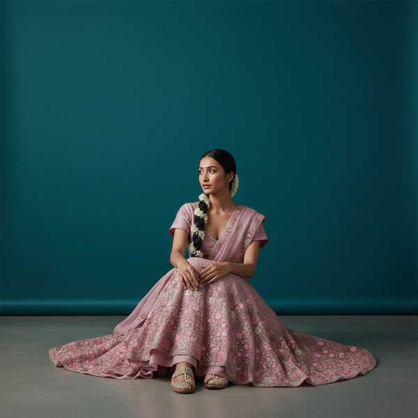 Dusty Rose/Mauve Shimmer Lehenga Choli with Floral Embroidery