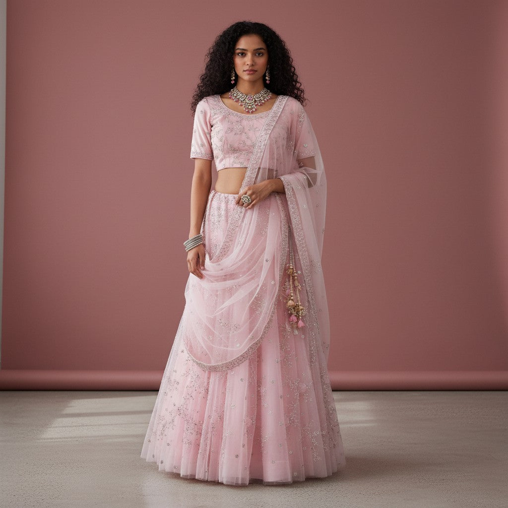 Delicate 3-piece Ghagra Choli set with floral sequin embroidery and matching net dupatta with pearl tassels