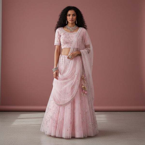 Delicate 3-piece Ghagra Choli set with floral sequin embroidery and matching net dupatta with pearl tassels