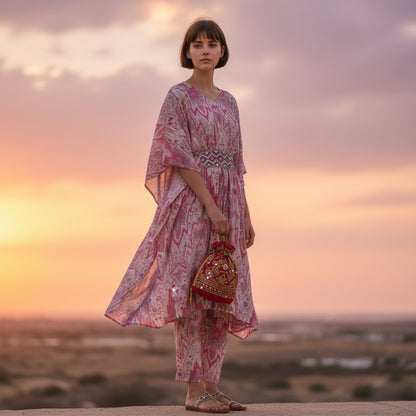 Chiffon Ikat-print Kaftan Top Trousers