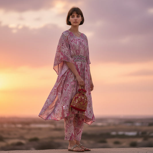 Chiffon Ikat-print Kaftan Top Trousers