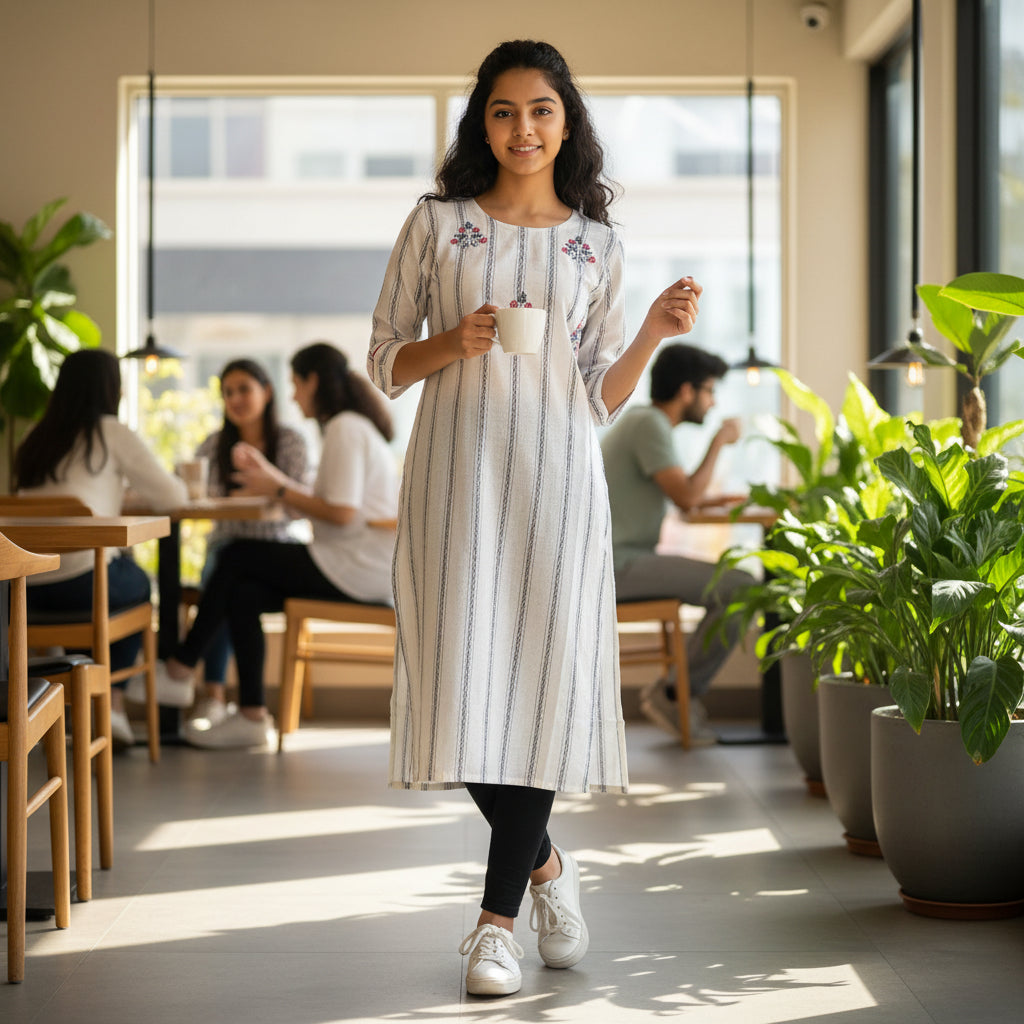 Off-White & Red Striped Straight Kurta with Floral Embroidery