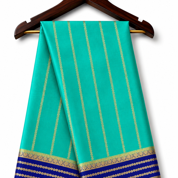 Mysore Pure Silk Saree - Seafoam Green with Royal Blue Border