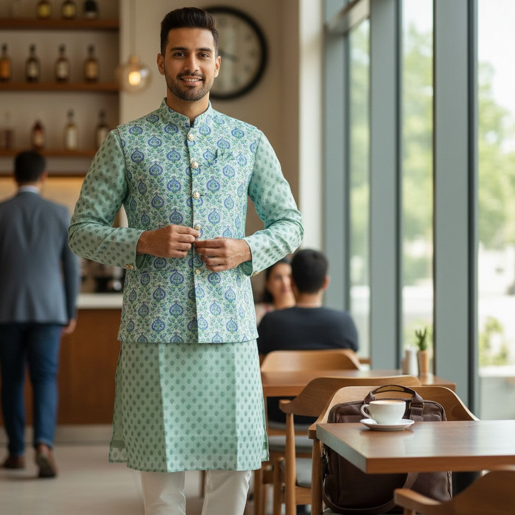 Men Green Floral Pattern 3 Piece Kurta Set