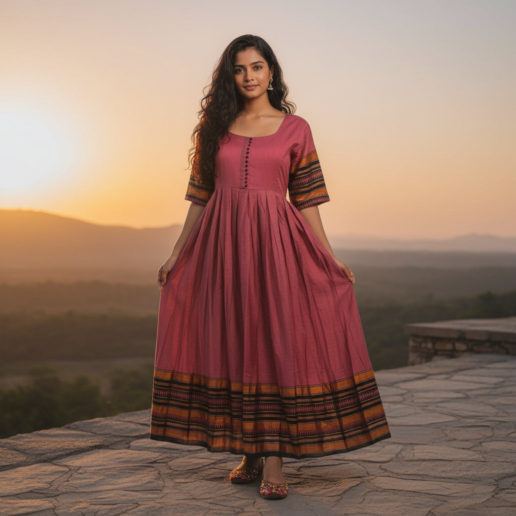 Cotton Slub Long Dress with Geometric Border