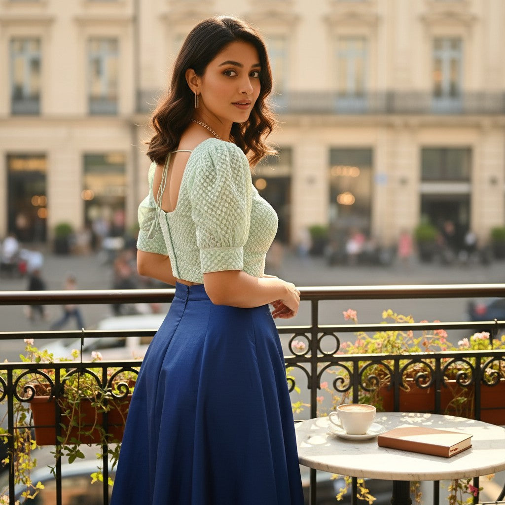 Mint Green Chikankari-Style Blouse with Puff Sleeves and Sequins