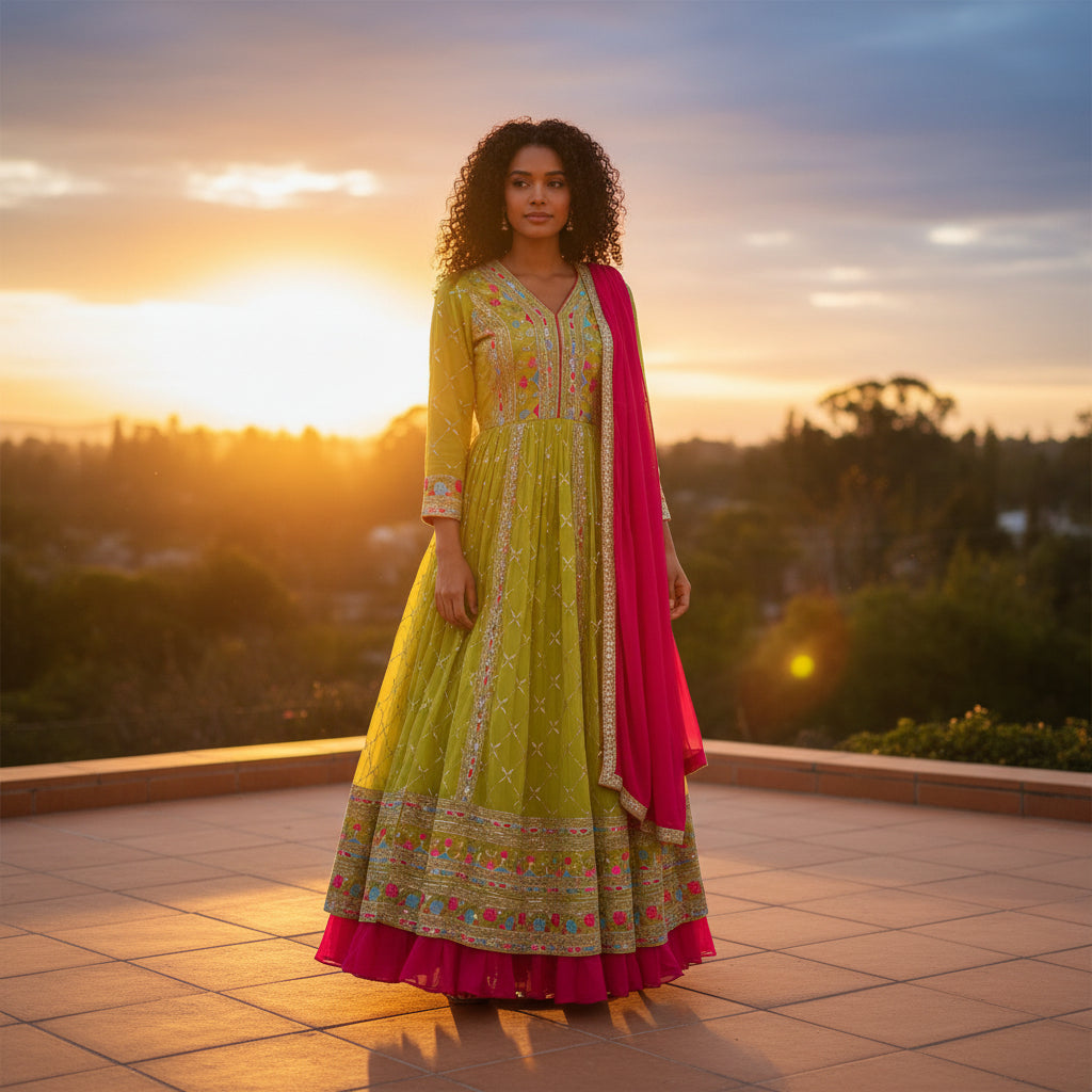 Faux Georgette Deep V-neck Kurta Set