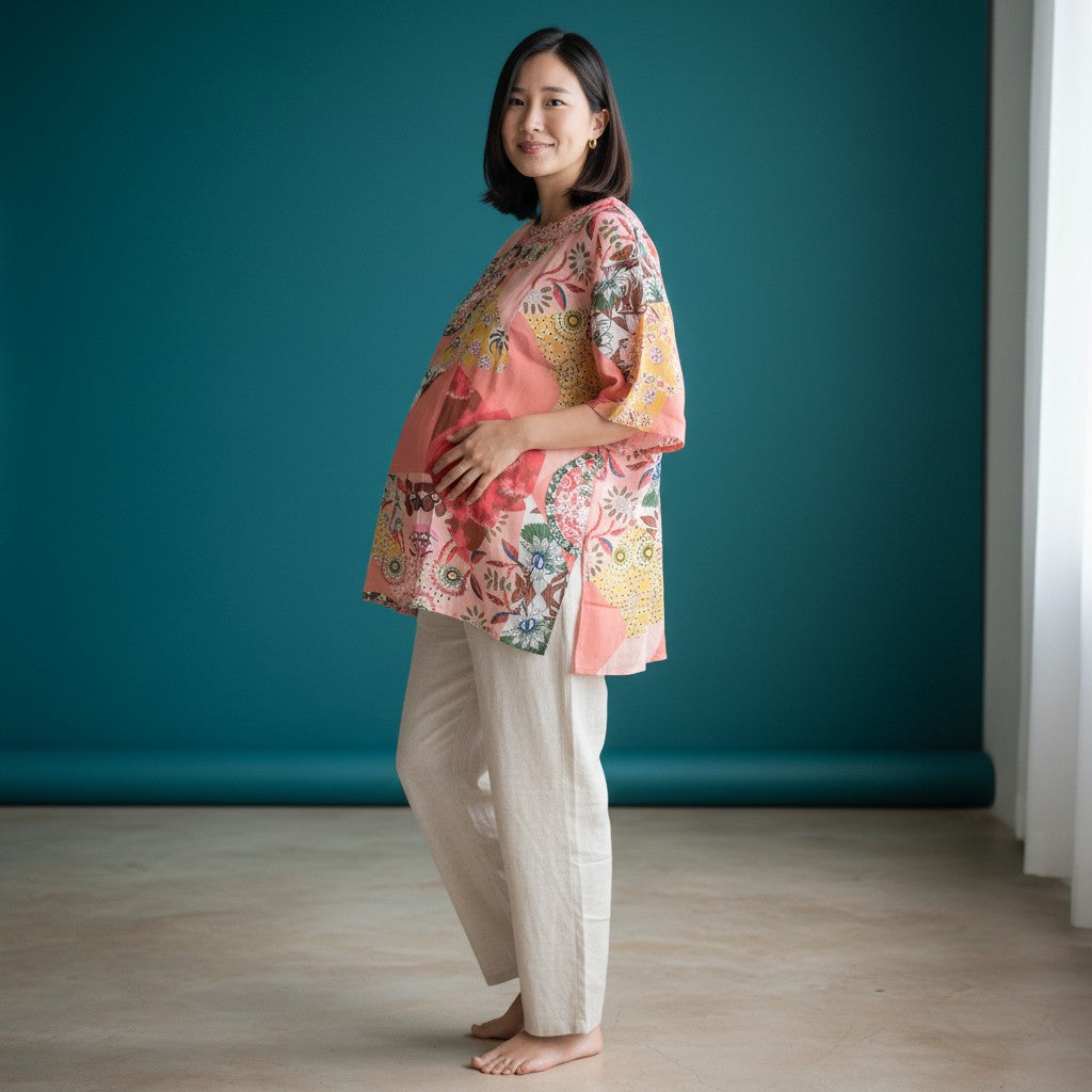 Maternity Oversized Kaftan-Style Top with Eclectic Floral & Geometric Patterns