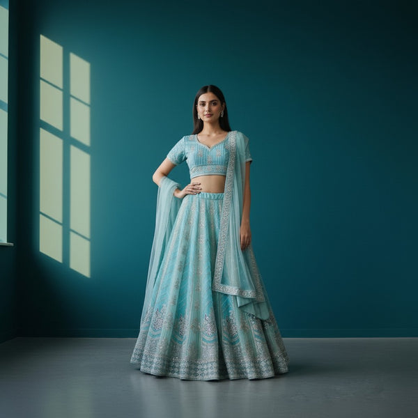 Sky Blue Georgette Lehenga Set with Silver Sequin & Peacock Motifs, Sheer Dupatta