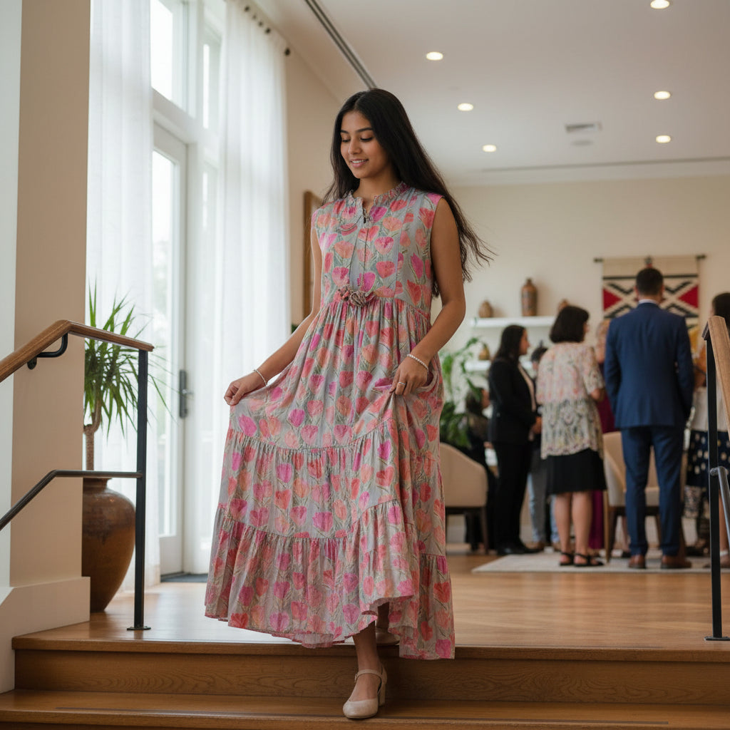 Sleeveless Tiered Dress with Ruffled Neckline and Front Drawstring Ties