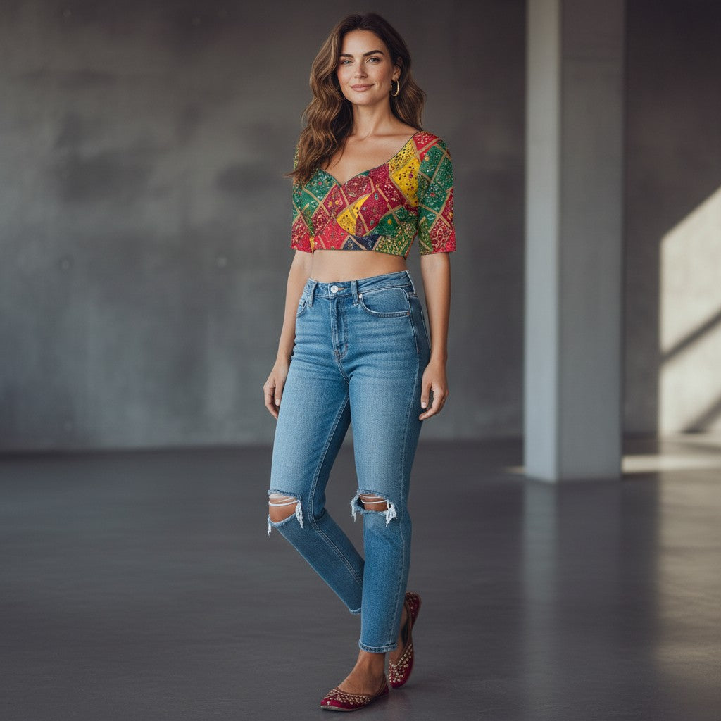 Patchwork Bandhani Print Blouse with Dark Green Lining and Colorful Diamond Motifs