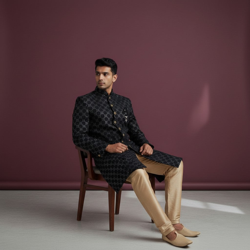 Black Embroidered Men's Sherwani