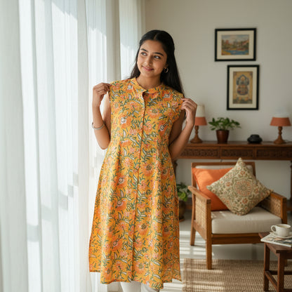 Rayon/Cotton Silk Floral Tunic Sleeveless Button-Down