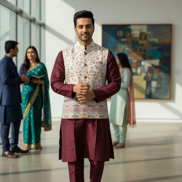 Men's Maroon Kurta Set with Floral Vest
