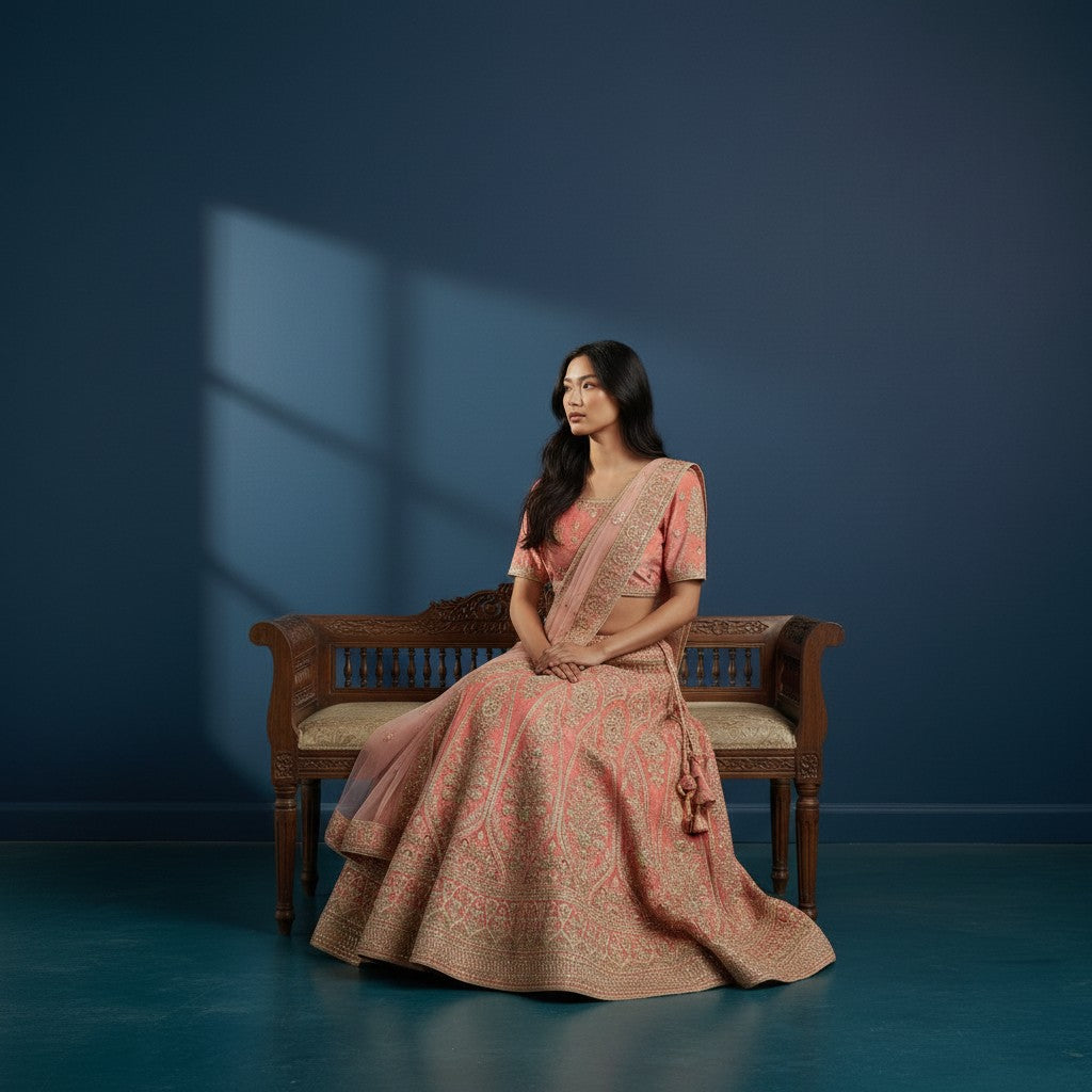 Luxurious Velvet Lehenga with Heavy Gold Zari Embroidery and Floral Motifs - Includes Sheer Net Dupatta