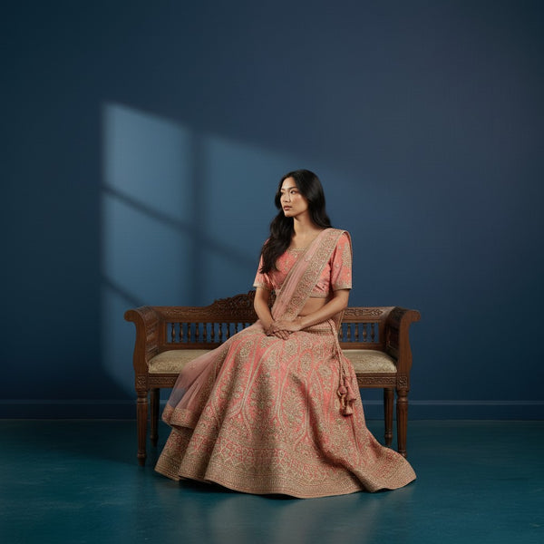 Luxurious Velvet Lehenga with Heavy Gold Zari Embroidery and Floral Motifs - Includes Sheer Net Dupatta