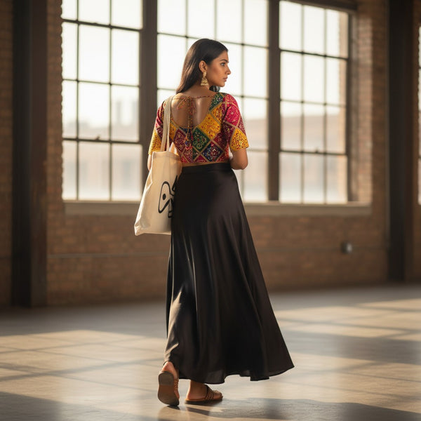 Multi-colored Bandhani print blouse with a patchwork geometric design and pink lining