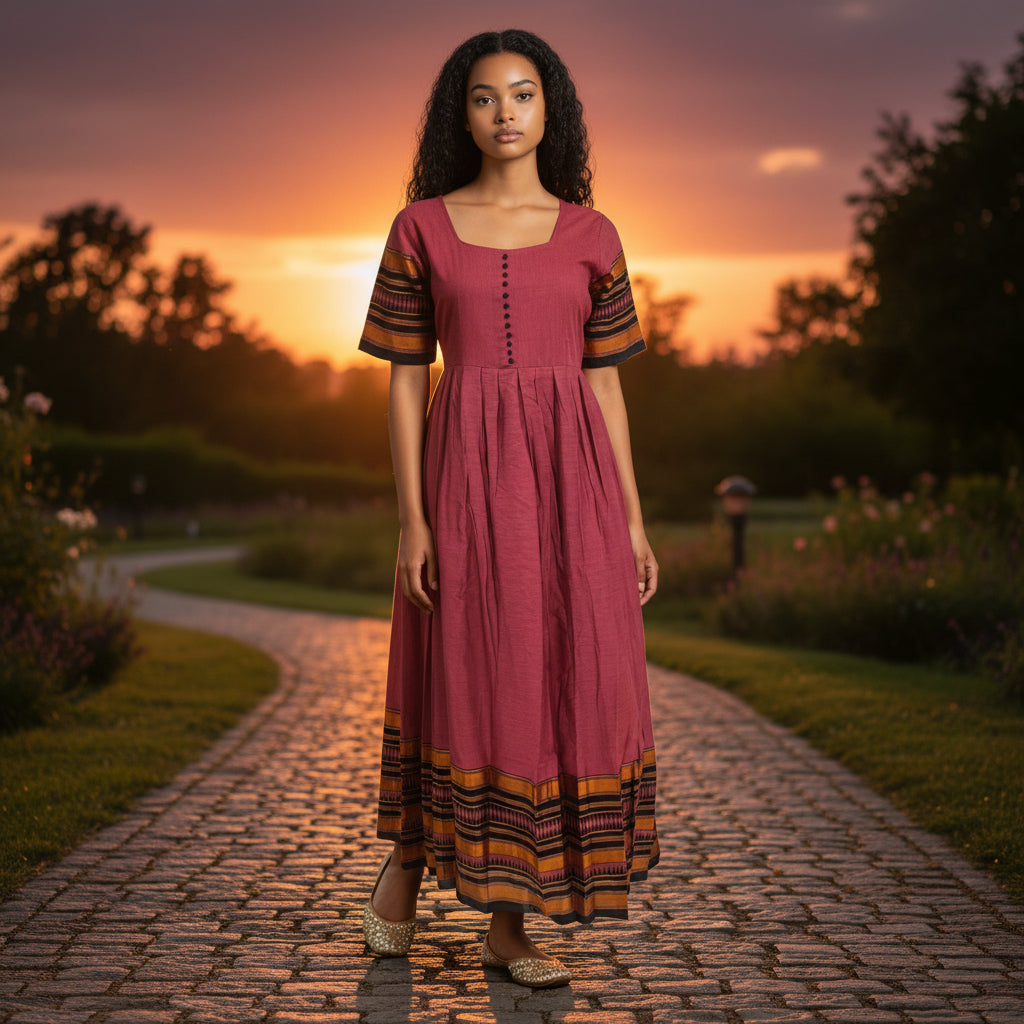 Cotton Slub Long Dress with Geometric Border