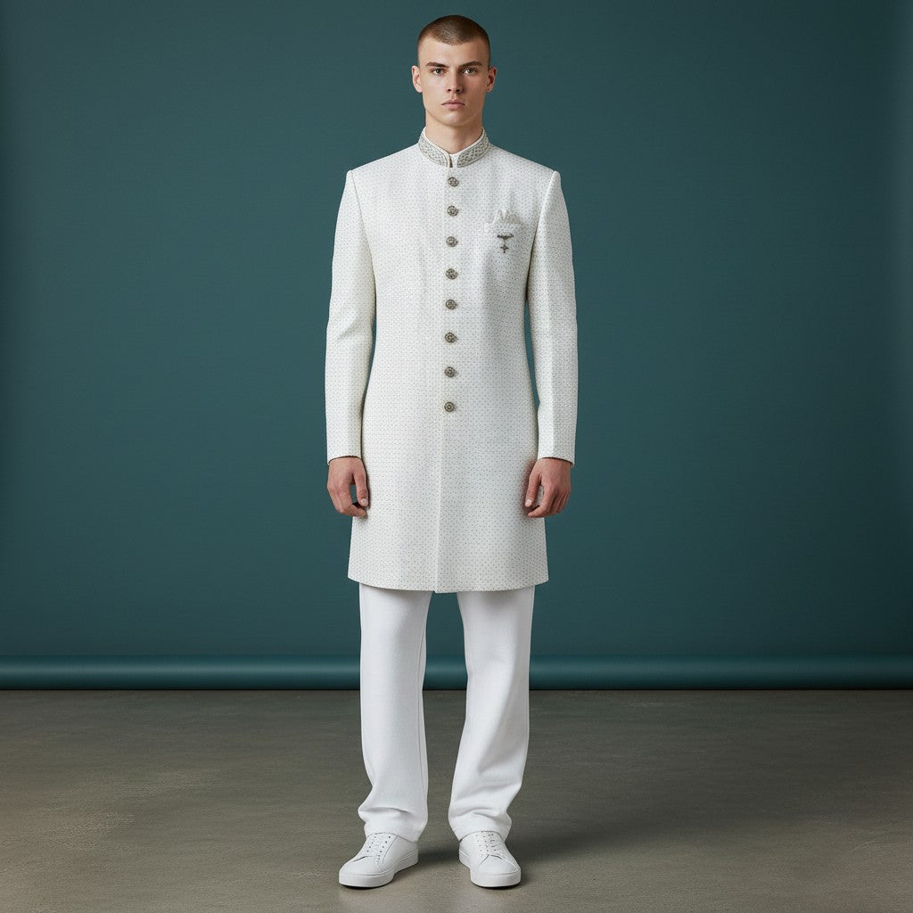 A White Colored Self Design Sherwani