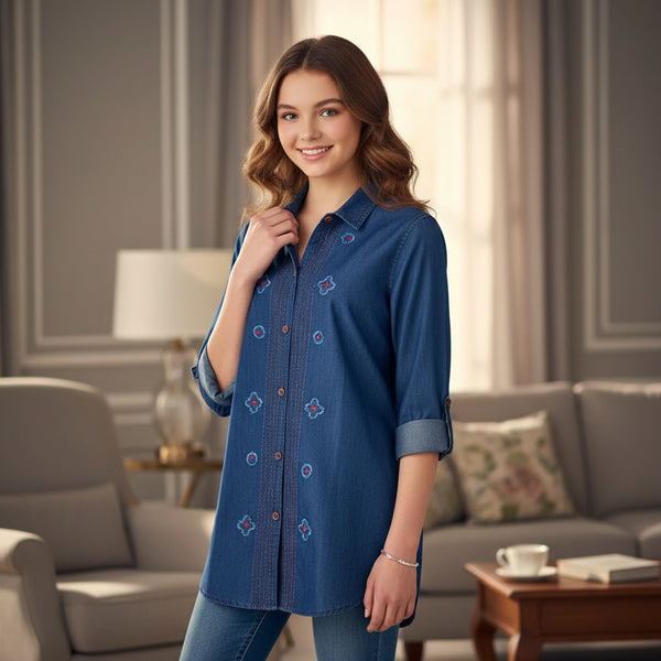 Indigo Blue Denim Tunic with Floral Embroidery