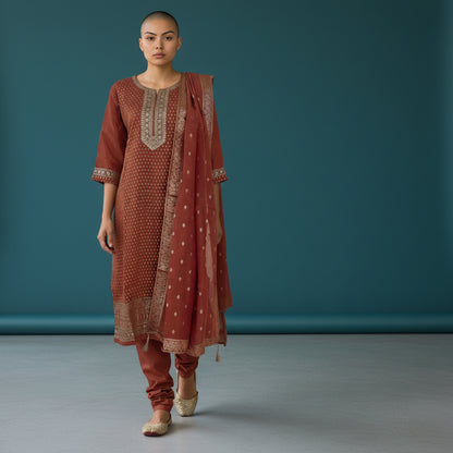 Tissue Silk Kurta Set with Scallop-Edge Embroidery
