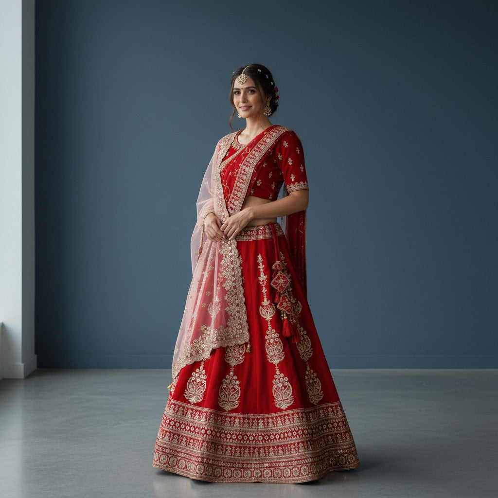 Traditional Red Velvet Silk Lehenga with Gold Embroidery and Peach Dupatta
