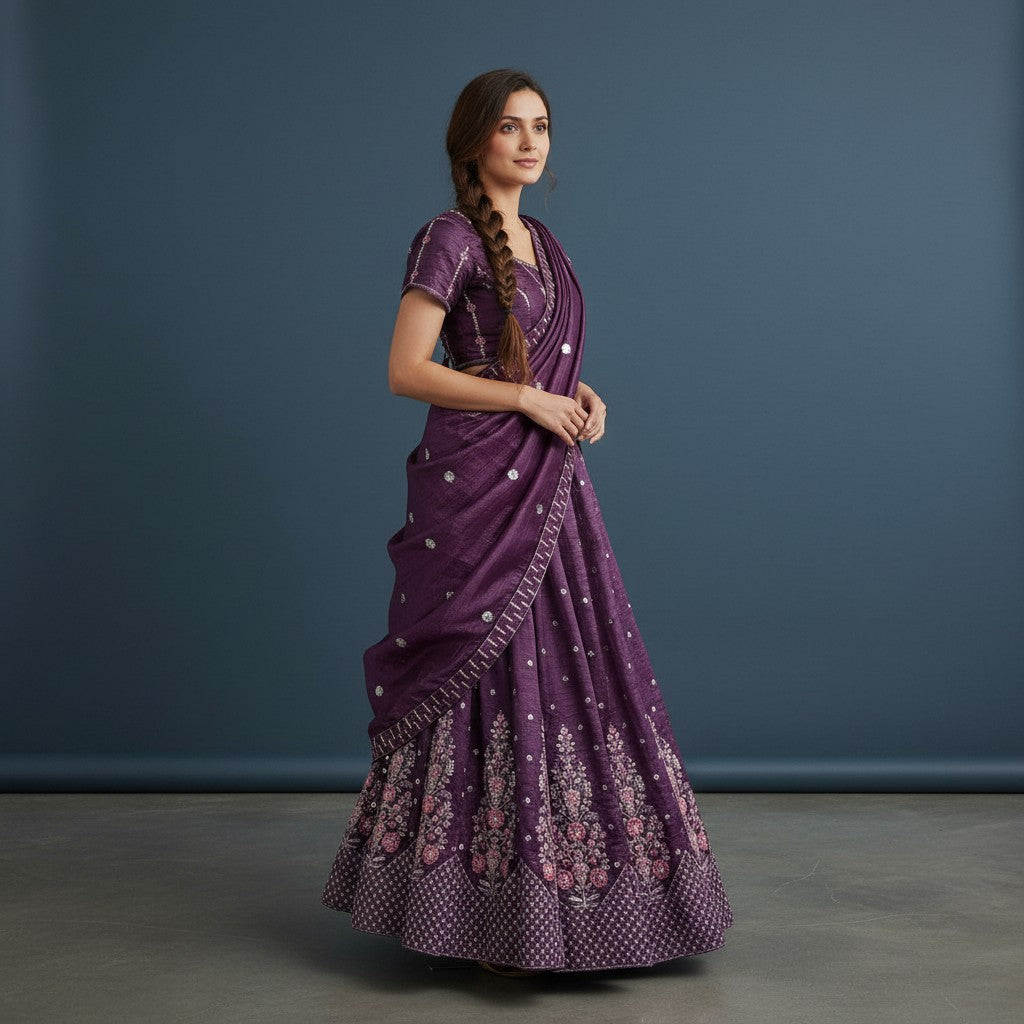 Royal Purple Crinkled Silk Lehenga Choli with Floral Embroidery and Draped Dupatta