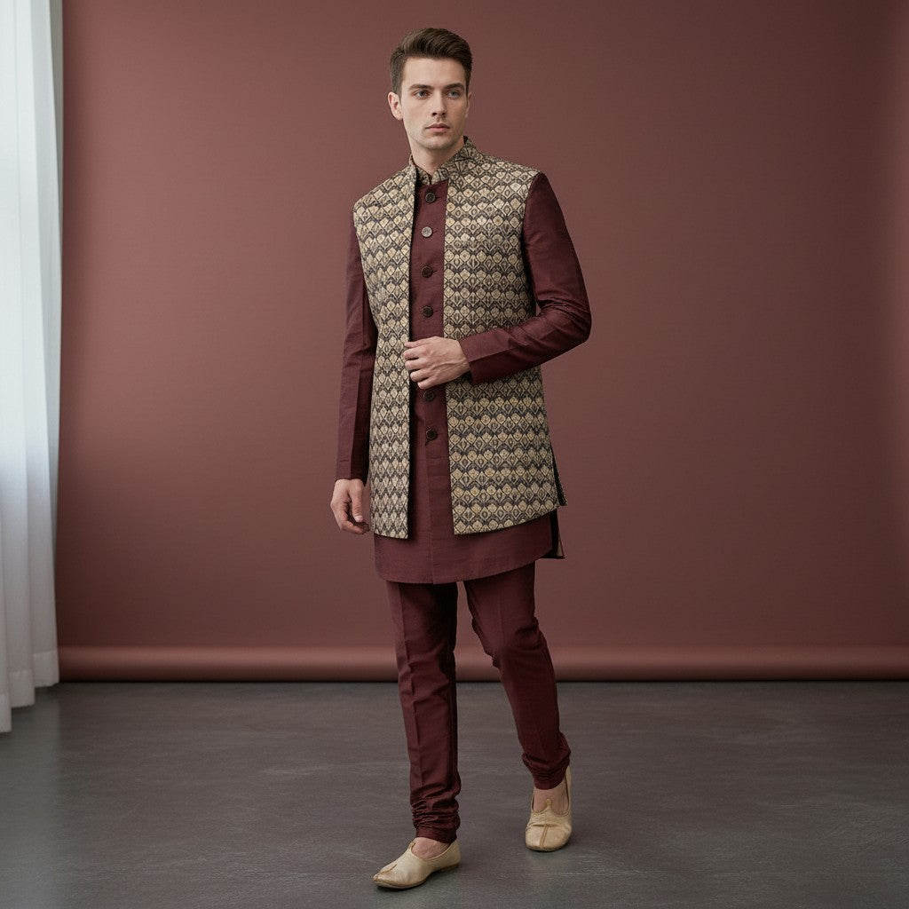 Burgundy Embroidered Silk Kurta Set with Waistcoat