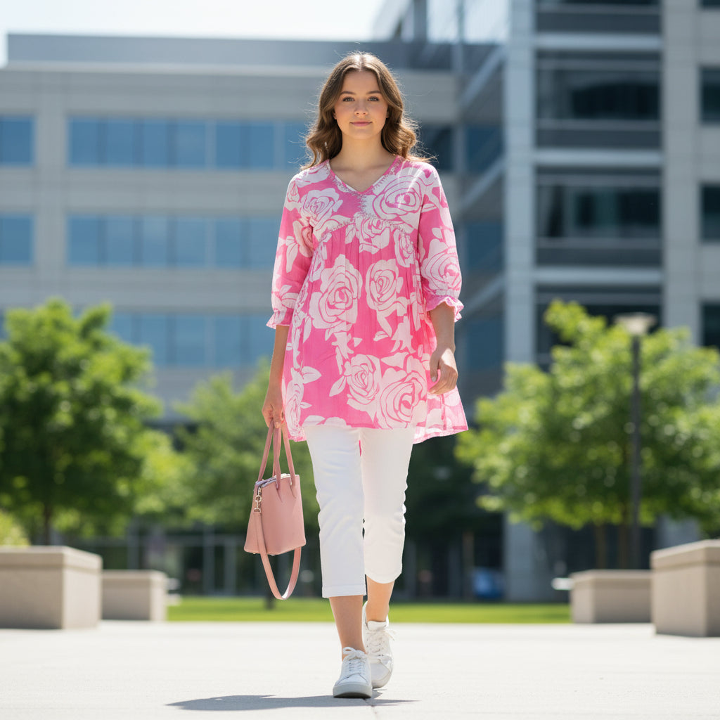 Pale Rose Pink Floral Anarkali Tunic
