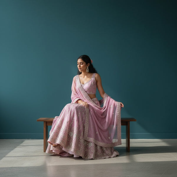 Sophisticated Lehenga with Vertical Geometric Embroidery and Floral Vine Motifs