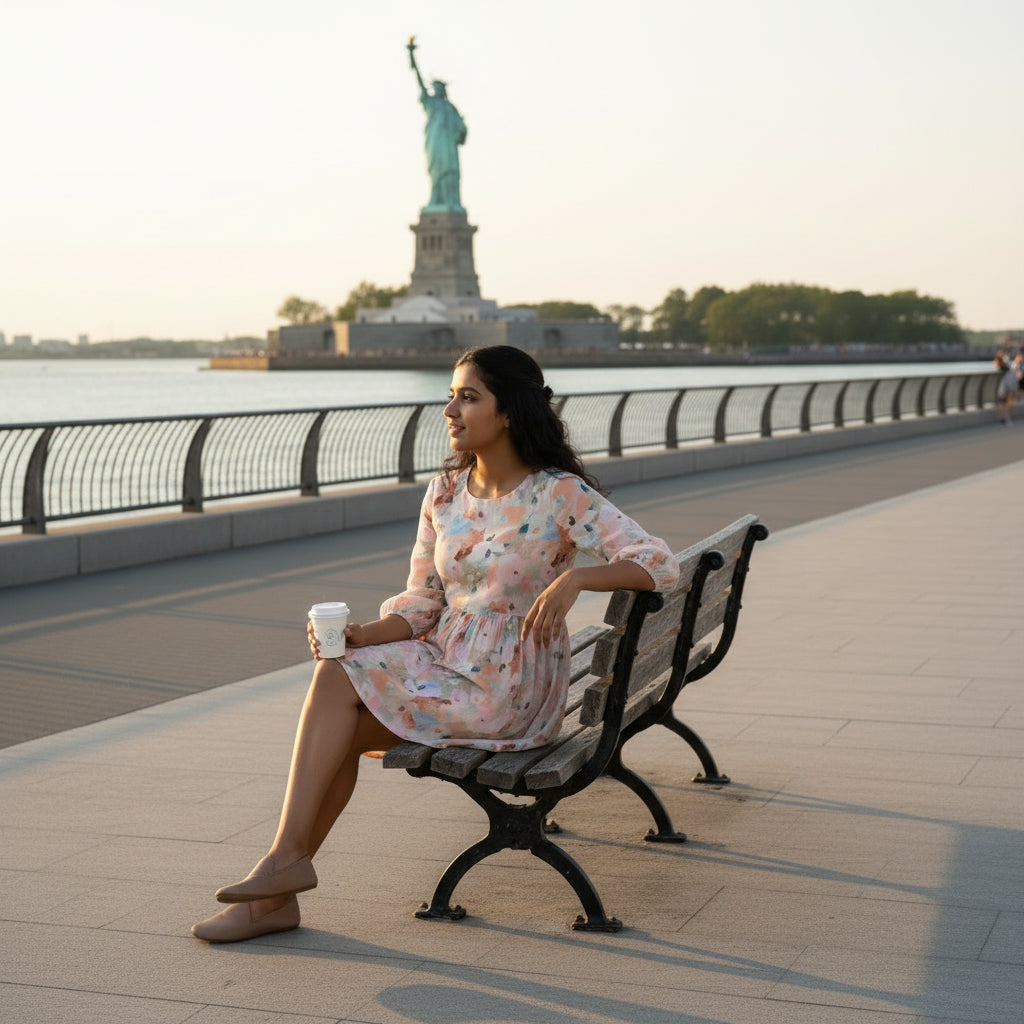 3/4 Sleeve Midi Dress with Romantic Blurred Floral Watercolor Print and Gathered Waist