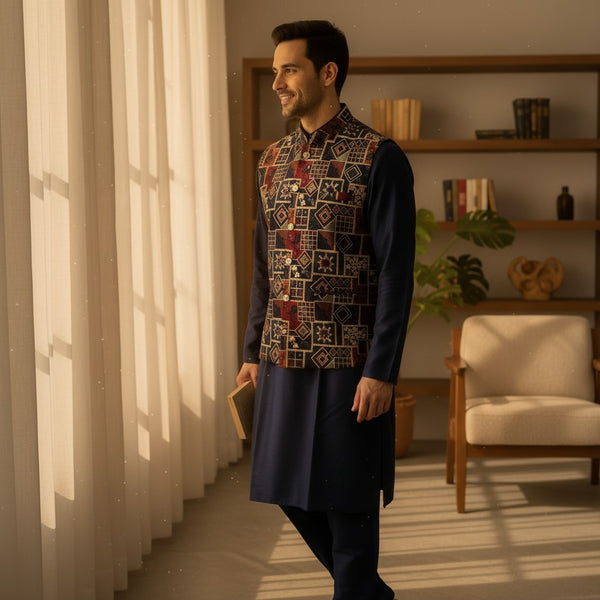 Men Navy Blue 3 Piece Kurta Set with Embroidered Vest