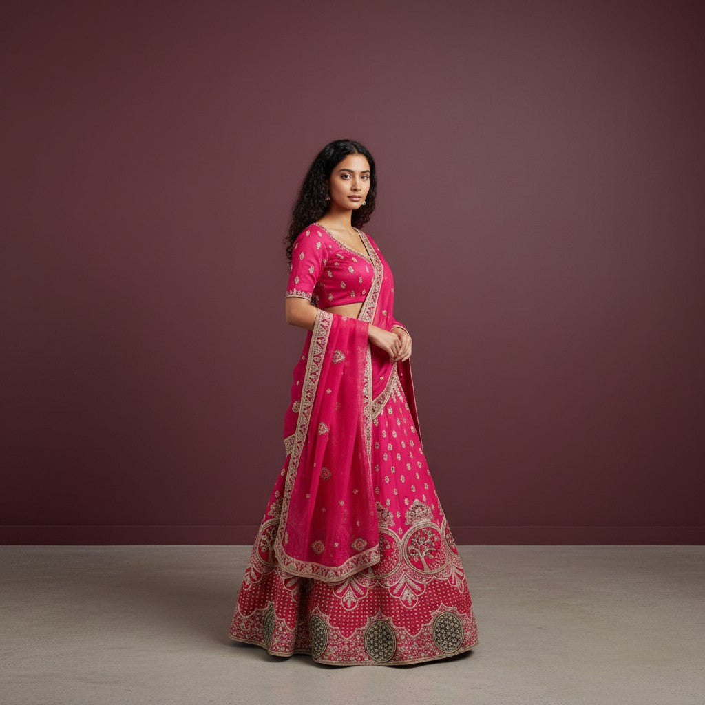 Magenta Lehenga with Tree of Life Motifs and Gold Zari Embroidery