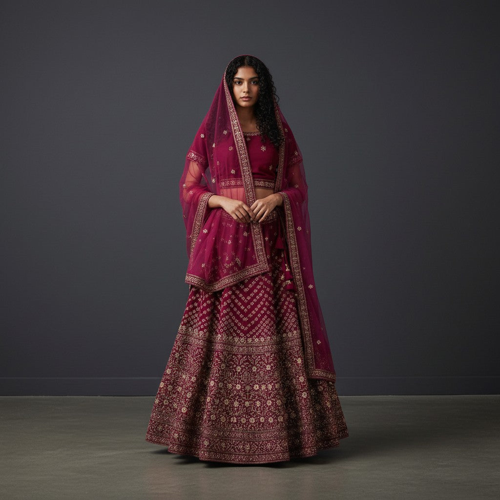 Magenta Velvet Lehenga with Gold Zari and Sequin Chevron Skirt