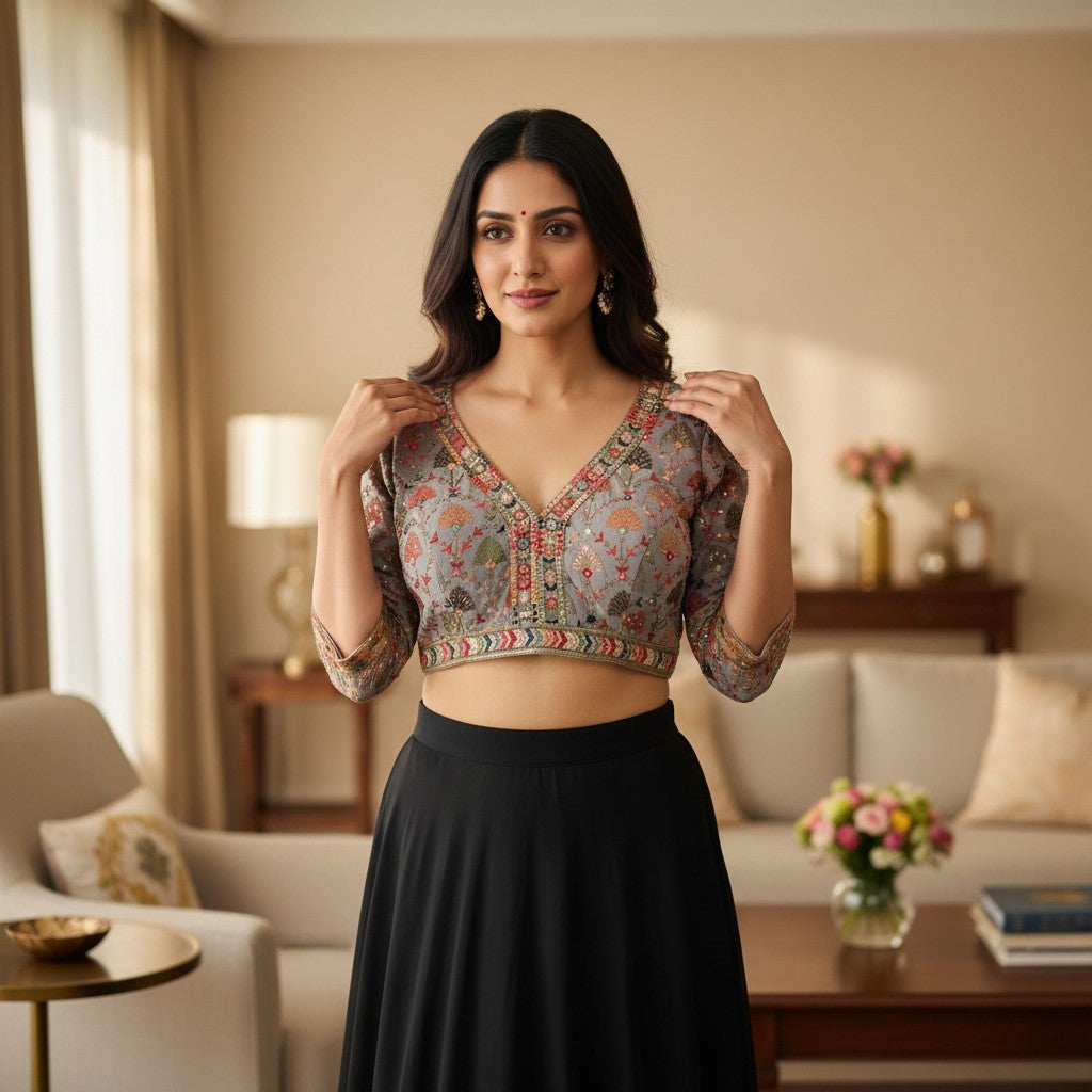 Elbow sleeves with rich floral embroidery and sequins Blouse