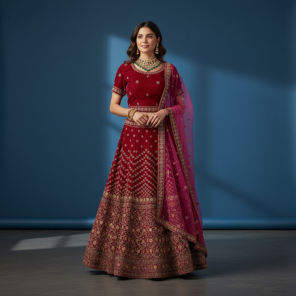 Magenta Velvet Lehenga with Gold Zari and Sequin Chevron Skirt