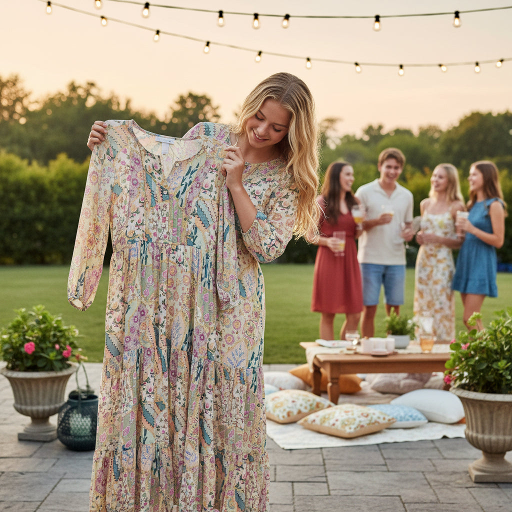 Women's Long-Sleeved Tiered Printed Cotton Dress with Button-Down Front and Zigzag Accents