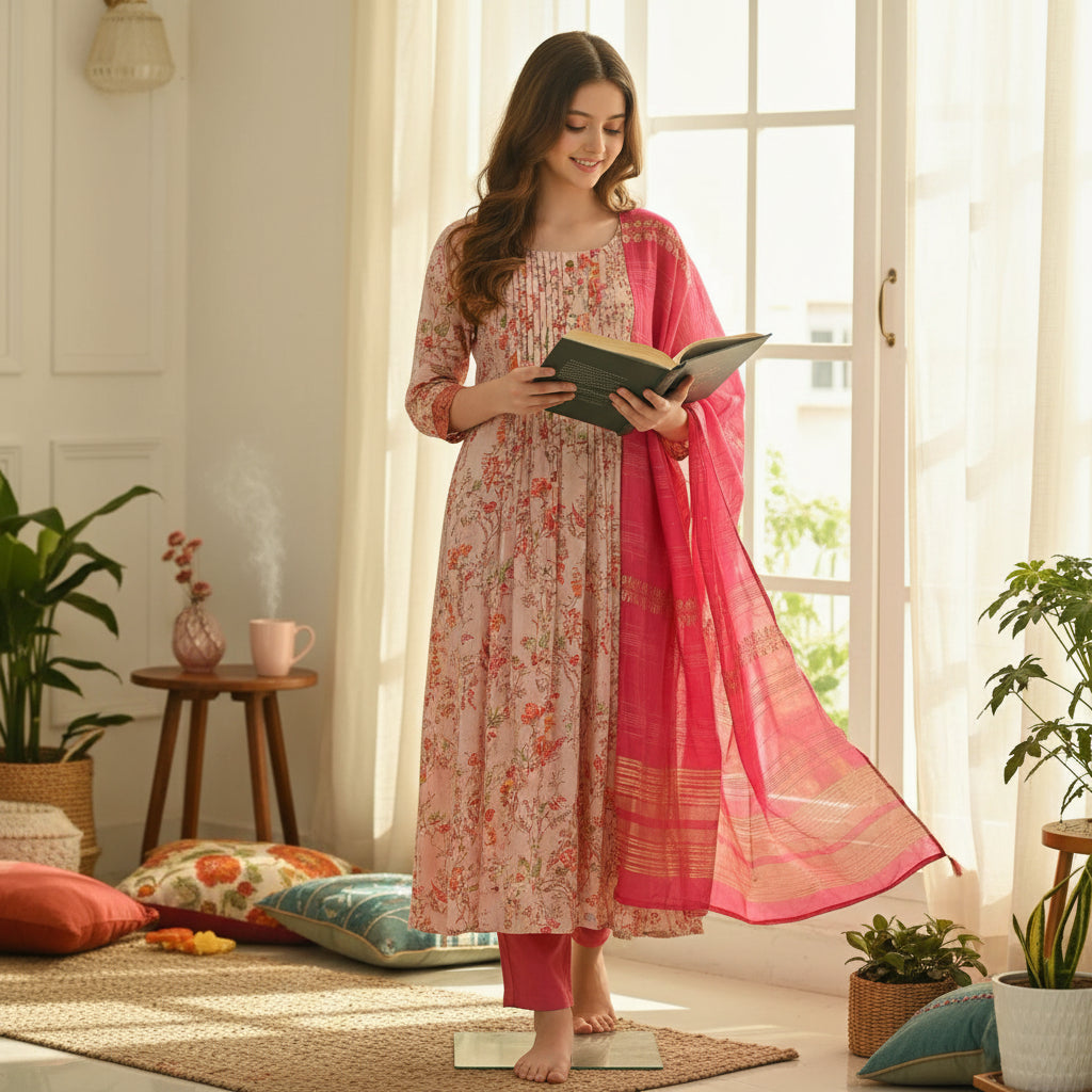 Maternity-Friendly Anarkali with Nursing Access in Dusty Rose & Deep Magenta