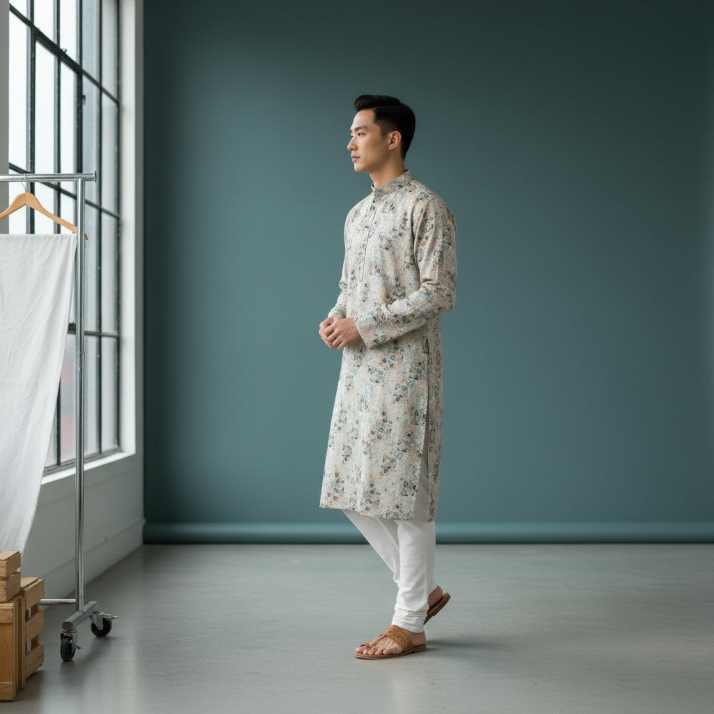Designer Kurta for Men - Floral Print Cotton-Polyester Blend