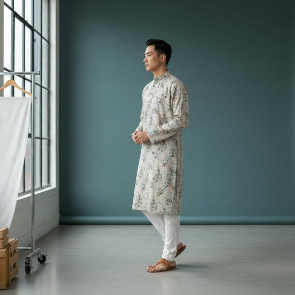 Designer Kurta for Men - Floral Print Cotton-Polyester Blend