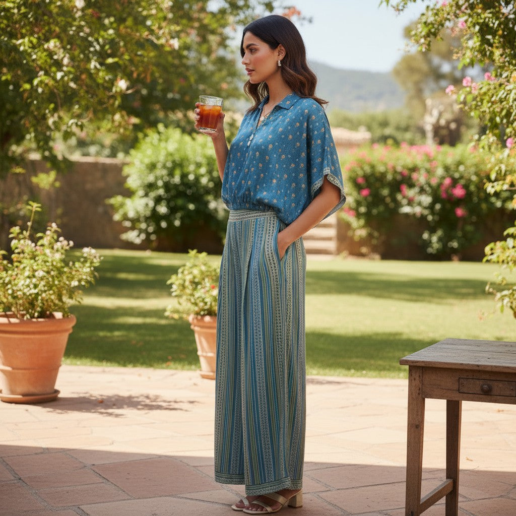 Short-Sleeve Jumpsuit with Waist Tie, Collar, and Floral/Striped Pattern