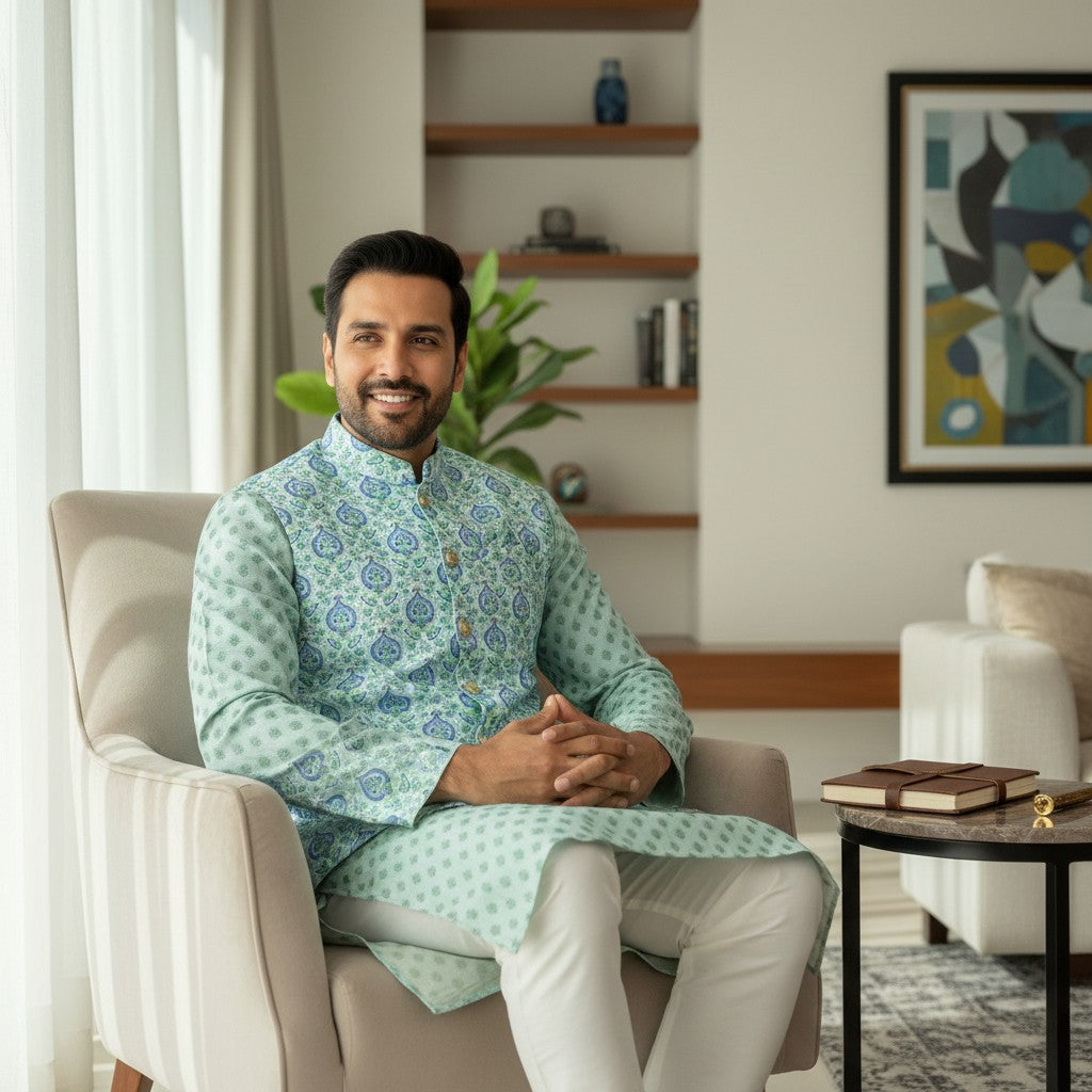 Men Green Floral Pattern 3 Piece Kurta Set