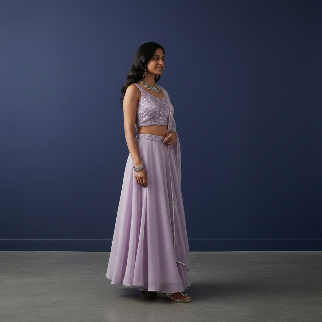 Heavily Sequined Sleeveless Blouse with Skirt