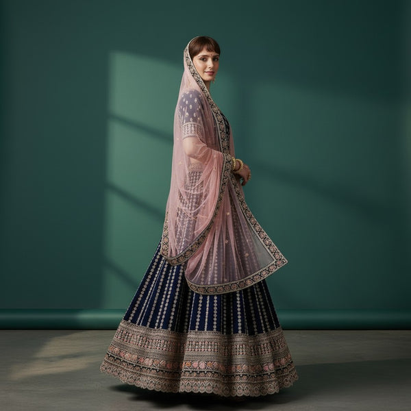 Navy Blue and Gold Embroidered Lehenga Choli with Peach-Pink Dupatta