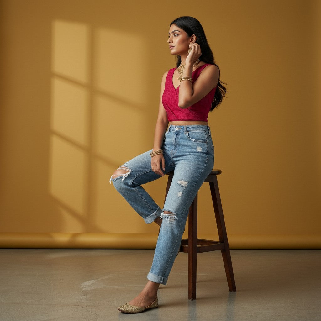 Sleeveless Crossover Wrap-Style Crinkle Georgette Blouse - Deep Red