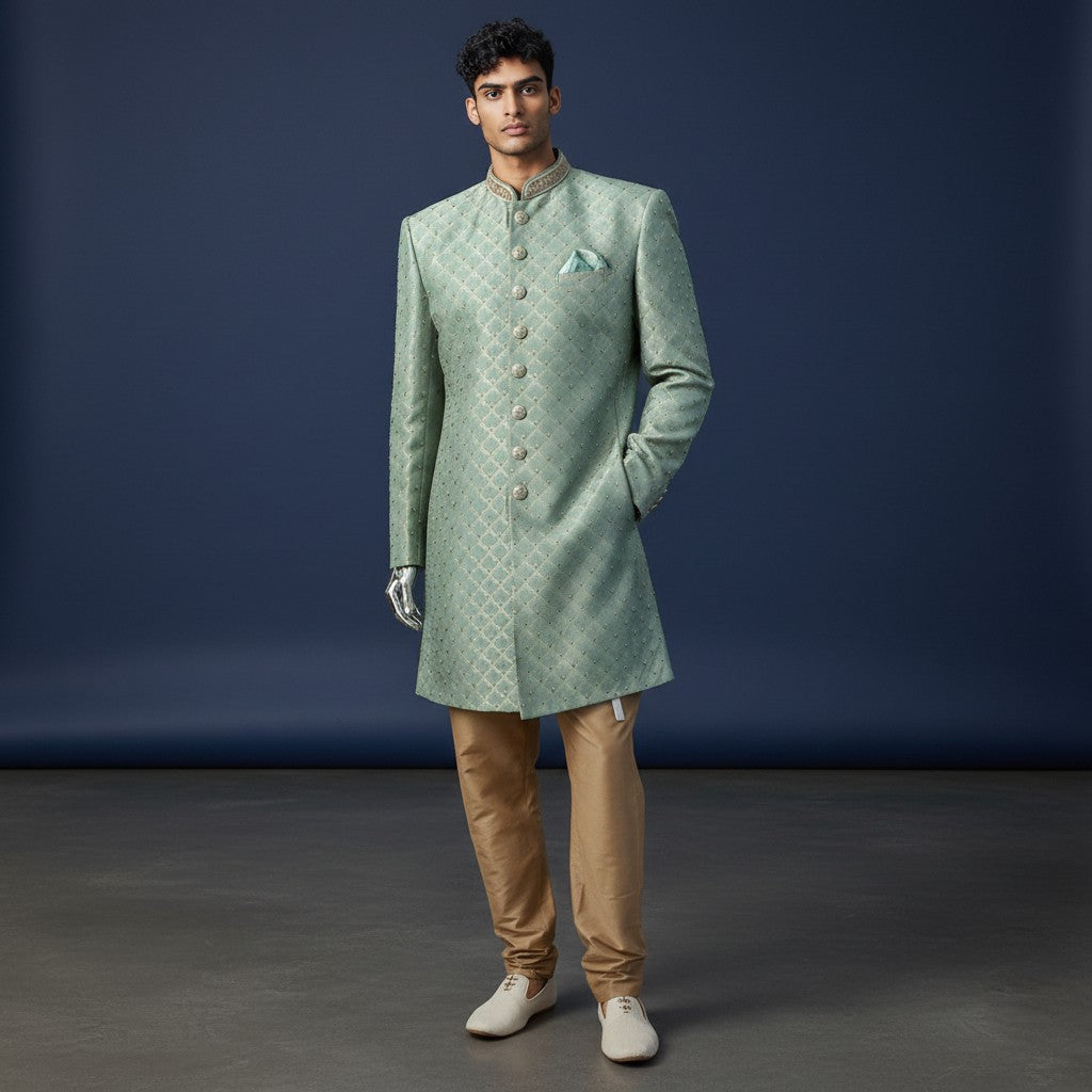Mint Green Embroidered Sherwani for Men