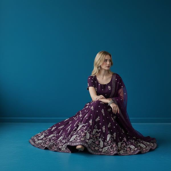 Elegant Deep Wine Floral Embroidered Lehenga with Sequin Work