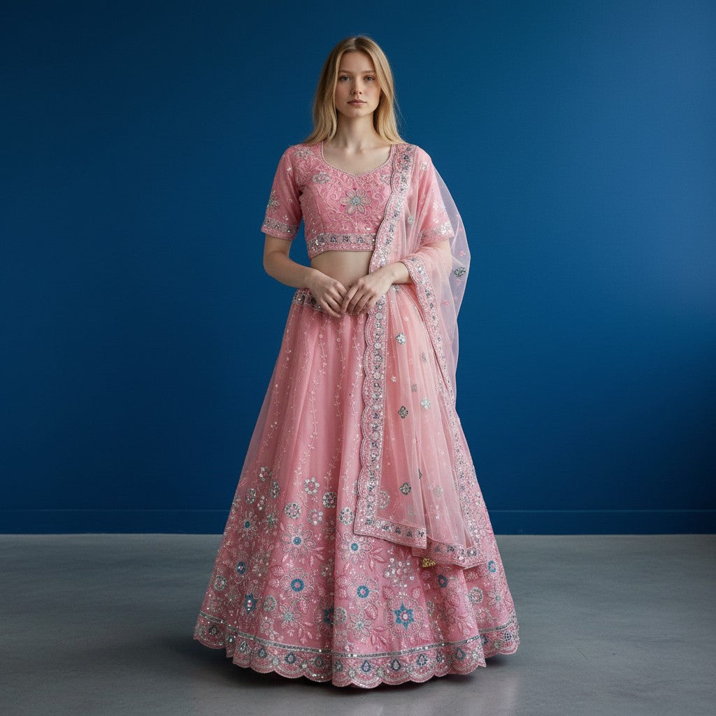 Elegant Dusty Pink Lehenga with Floral Embroidery